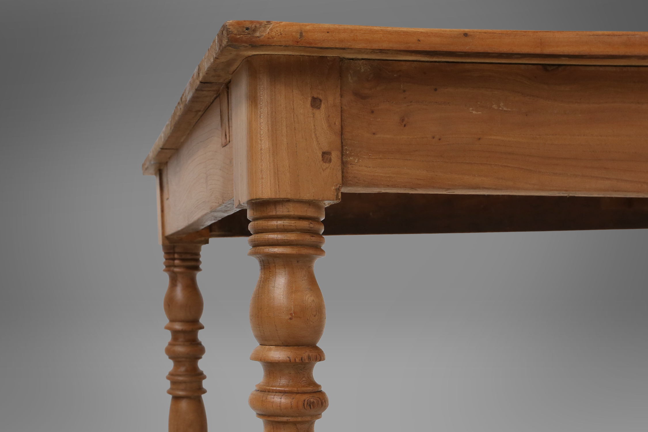 Large pine wood farm table with drawer and turned legs, France, 1850sthumbnail